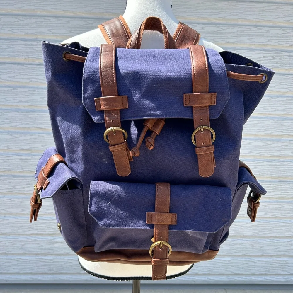 Rutland Navy and Brown Canvas Backpack EUC